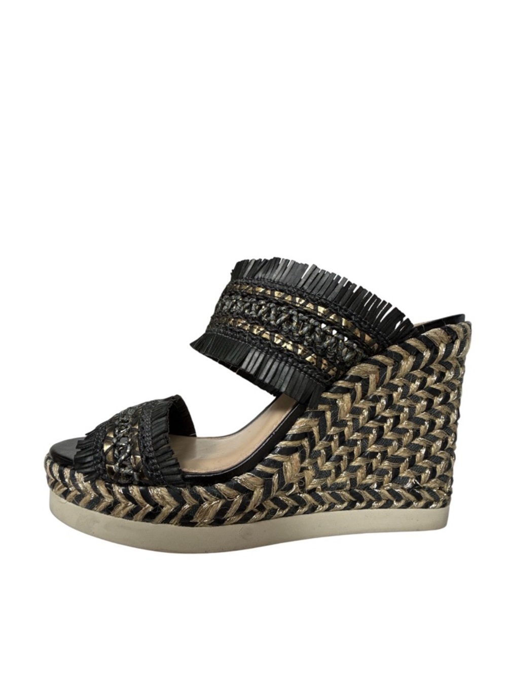 Vince Camuto Black and Gold Braided Espadrille Wedge Sandals